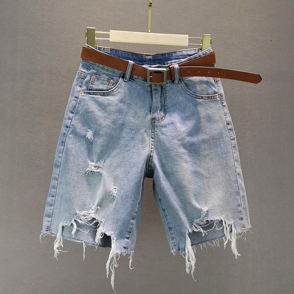 

women's jeans casual all match denim women knee-length hole tassel high waist loose straigth solid female quality, Blue