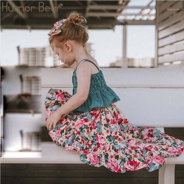 

humor bear baby girls clothes sets 2020 brand summer strap sleeveless shirts+ irregular floral skirt children clothing suit1, White