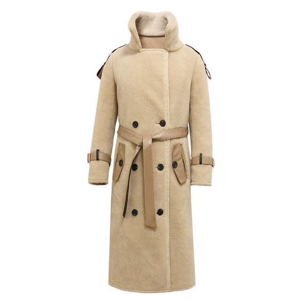 

women's wool & blends women autumn winter double-faced faux sheep cashmere fur stand collar long sleeve with belt midi warm abrigos coa, Black