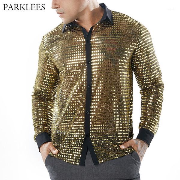 

shiny gold sequin glitter slim fit long sleeve shirt men 2018 fashion see-through shirt for men nightclub stage prom1, White;black