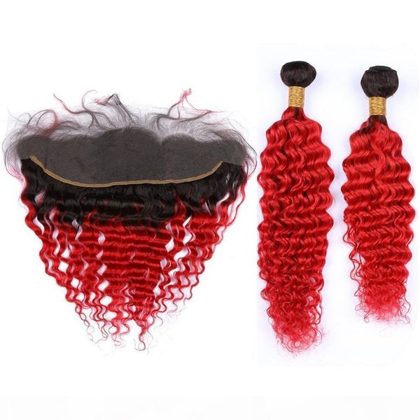 

#1b red ombre deep wave human hair lace frontal closure 13x4 with weaves ombre bright red peruvian wavy human hair 2bundles with frontal, Black;brown