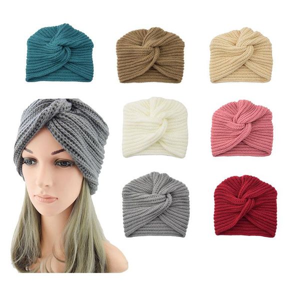 

qcooljly boho стиль женщины узел банданы мода вязание теплый шарф мусульманская осень зима тюрбан cap solid color cross платке, Blue;gray