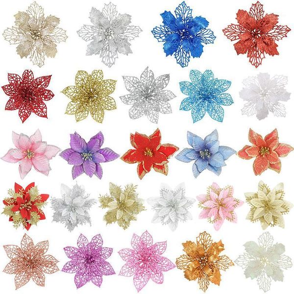 

5p artificial flower head glitter christmas flower for christmas tree ornament fake diy new year wedding party decor noel1