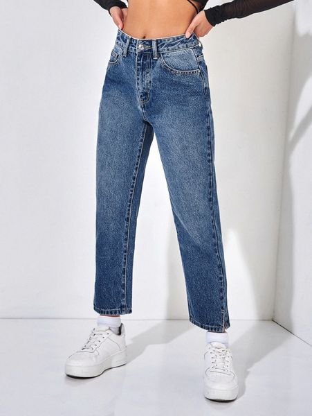 

petite zipper fly split hem tapered jeans x0nm#, Blue