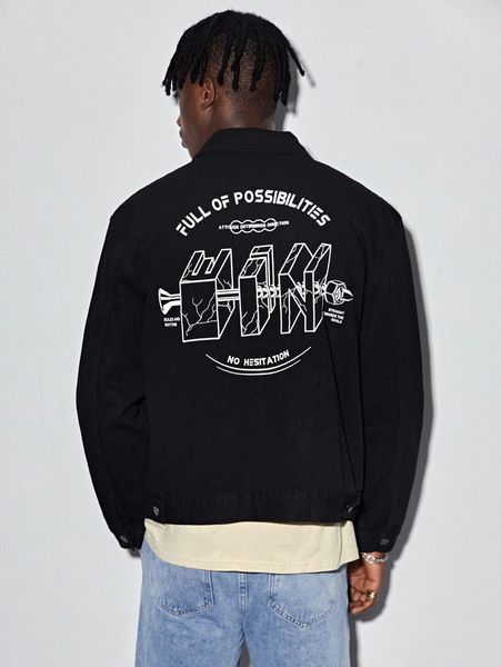 

men slogan and graphic denim jacket r6n3#, Blue