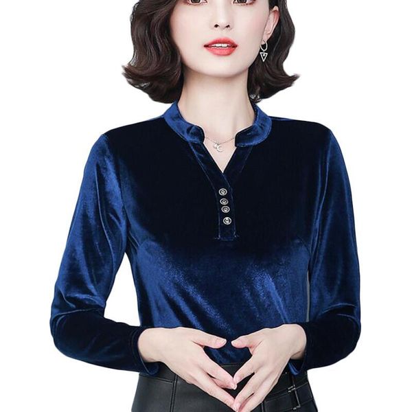

velour blouse women shirts long sleeve v-neck solid korean shirt women plus size office blouses casual blusas mujer, White