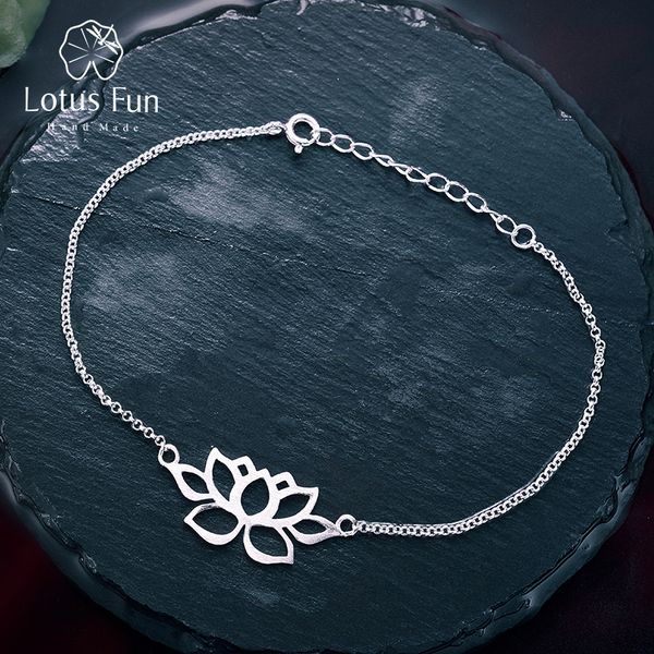 

lotus fun real 925 sterling silver handmade designer fine jewelry vintage classic hollow out lotus flower bracelet for women 1028, Black