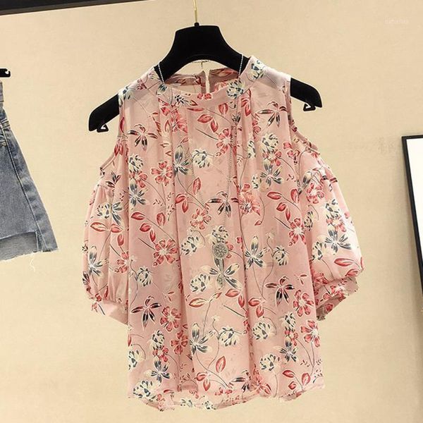 

2020 summer blouse fashion women o-neck printed short sleeve cold shoulder appliques loose blusas1, White
