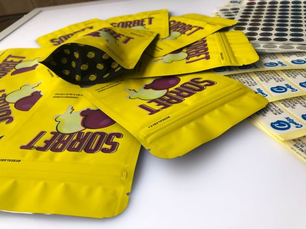 

sorbet and mylar bags edibles medicated label cookies yellow bags stickers hologram flavors bags local smell proof qyljs bdesybag