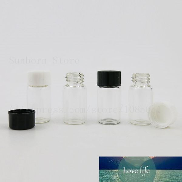 Klare leere Mini-3-ml-Glasflasche mit schwarz-weißen Kunststoffkappendeckeln, 1/10-Unzen-Fläschchen, 3-ml-Probenblasenflaschen mit Schraubhals, 50 Stück