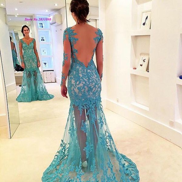 

vestido de festa elegant women summer mermaid lace evening dresses long sleeve backless prom party dress 2020 see through o neck1, White;black