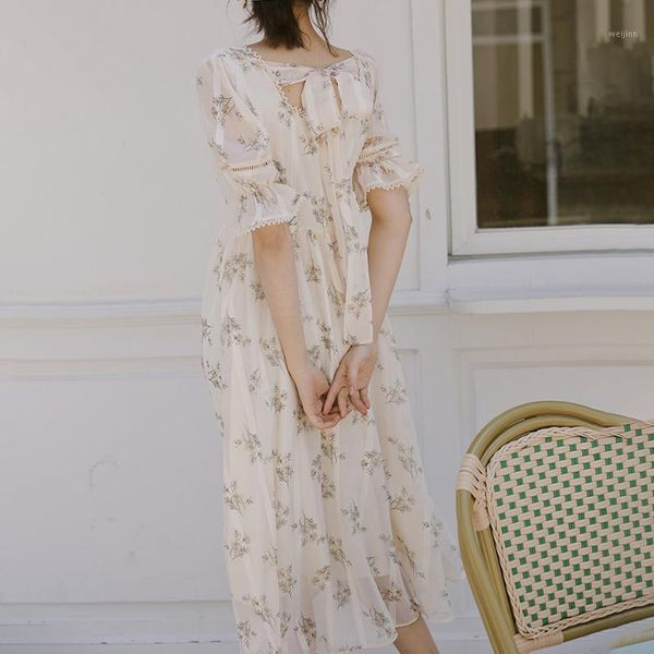 

floral print summer dress women square collar short sleeve long dress vintage chiffon bowknot party elegant b1221, Black;gray