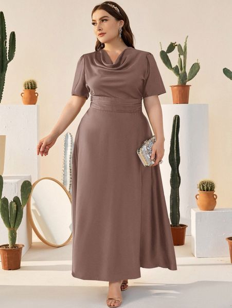 

plus cowl neck ruched waist flare hem satin dress i300#, Black
