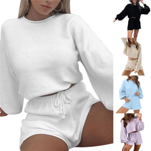 

o neck long sleeve loose shirt women set and shorts knit casual summer loose two piece sets white outfits1, Gray