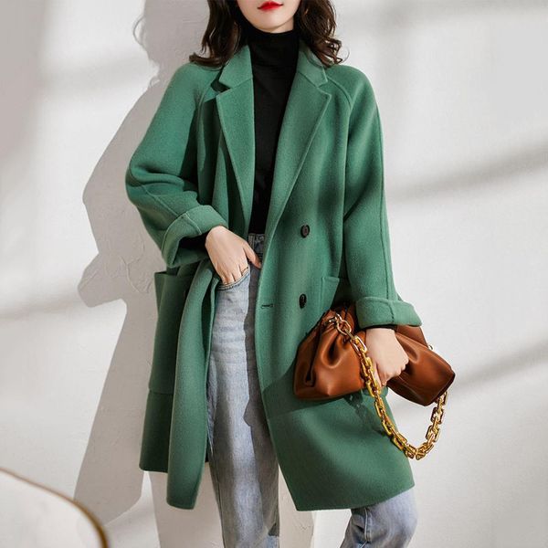 

woolen women's grass mustard green autumn and winter new loose large size mid-length temperament coat trend solid color, Black