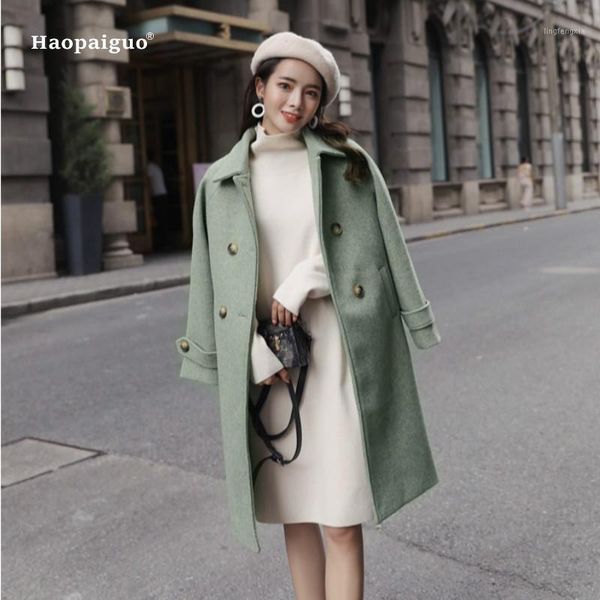

plus size fashion women autumn blue green pink korean elegant full sleeve turn-down collar woollen long coat modis outwear coats1, Black