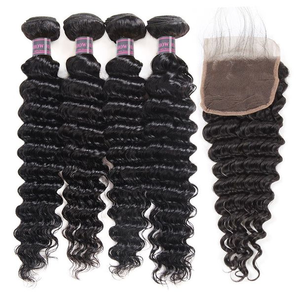 

28inch deep curly virgin hair extensions loose wave 3/4pcs with lace closure straight water wave virgin human hair bundles with closure, Black