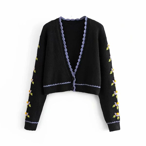 

2021 new woman black embroidery flower knitted cardigans women long sleeve vintage cropped cardigan winter sweater x9ky, White;black