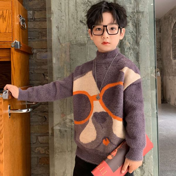 

high plush thickened collar children's men's cartoon fashion boys' clothing autumn and winter new mink cashmere sweater hmf0, Blue