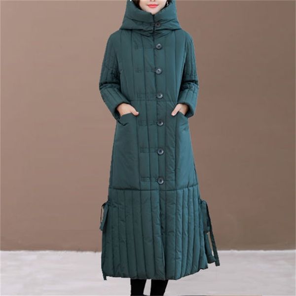 

2021 long coat for the female winter loose size large with hood big pocket single breasted (woven down) elegant literary fashion blouse zv41, Black