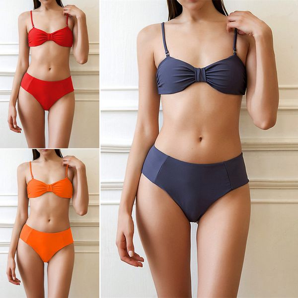 

chanshuang 2019 new solid color chest knot women's bow swimsuit split bikini