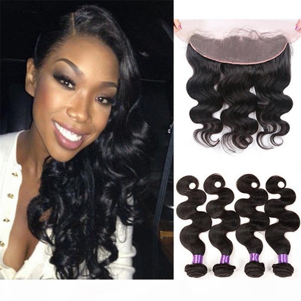 

body wave hair bundles with ear to ear lace frontal 5pcs lot 13*4 full lace frontal closure with human hair bundles, Black