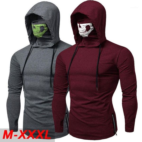 

2020 fashion long-sleeved t-shirt with skull mask gothic casual sport hooded t shirt street cool travel men's tee1, White;black
