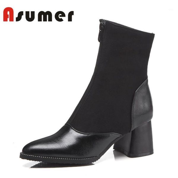 

boots asumer arrive 2021 patchwork ankle for women zipper simple winter pointed toe thick heels pu high heels1, Black