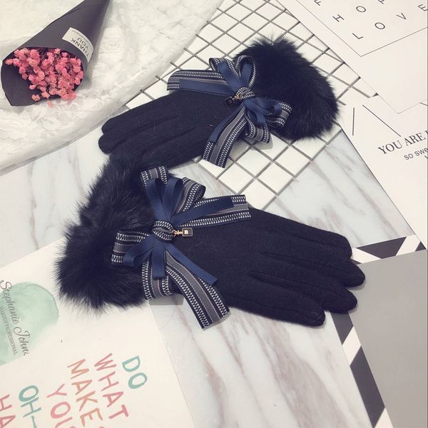 

cashmere wool gloves ladies winter rabbit fur cute students plus velvet thick warm touch screen driving gloves 201104, Blue;gray