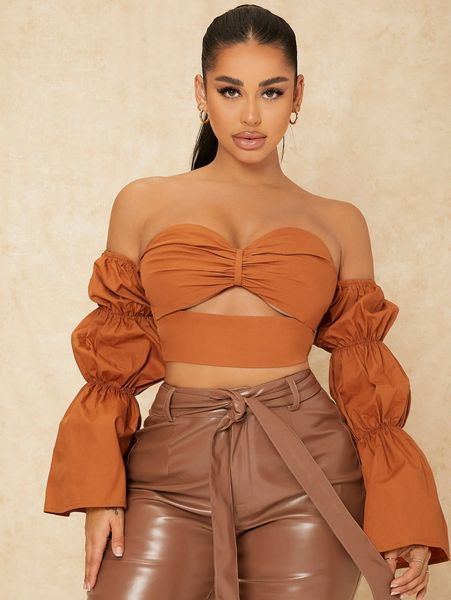 

sxy off shoulder gathered sleeve cut out backless w24j#, White