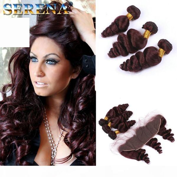 

one tone ombre burgundy ear to ear lace frontal human hair 99j loose wave peruvian virgin hair wine red 130% density 13x4 lace front, Black;brown