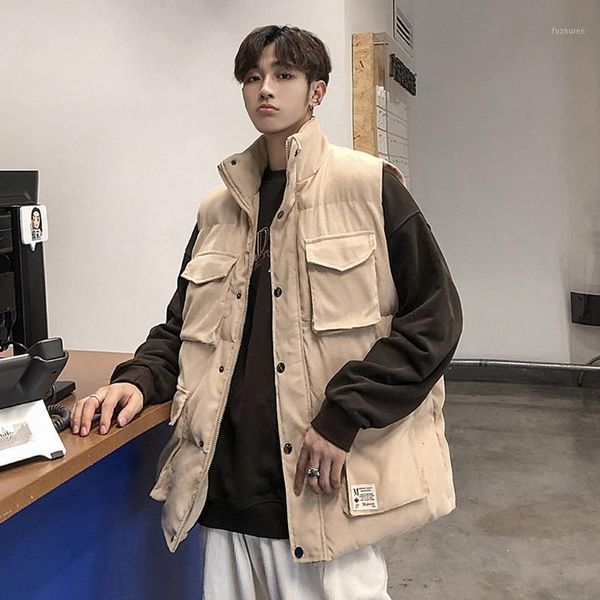 

biker collar vest japanese retro cotton pocket casual streetwear vest loose motorcycle chaqueta hombre men clothing de50mbx1, Black;white