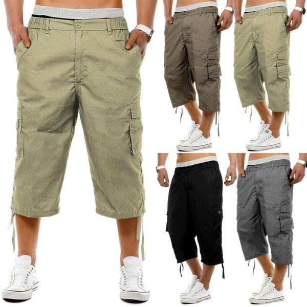 

mens 3/4 long length casual pants elasticated waist cargo combat three quarter short pants, Black