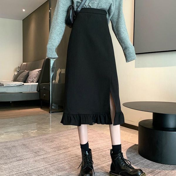 

skirts women slit spit skirt high waist slim midi modest classy irregular length female package hip jupes falad office elegant fashion, Black