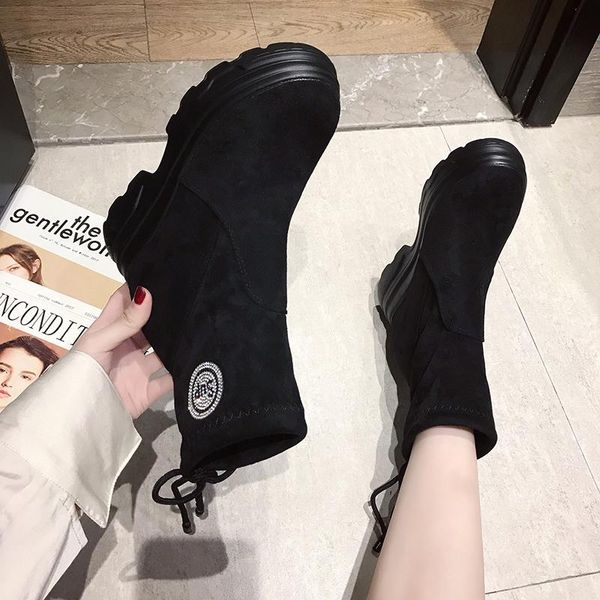 

sponge bottom, thick bottom, heighten women's short boots, wedge heel, waterproof suede low state boots, pearl stickers, Black
