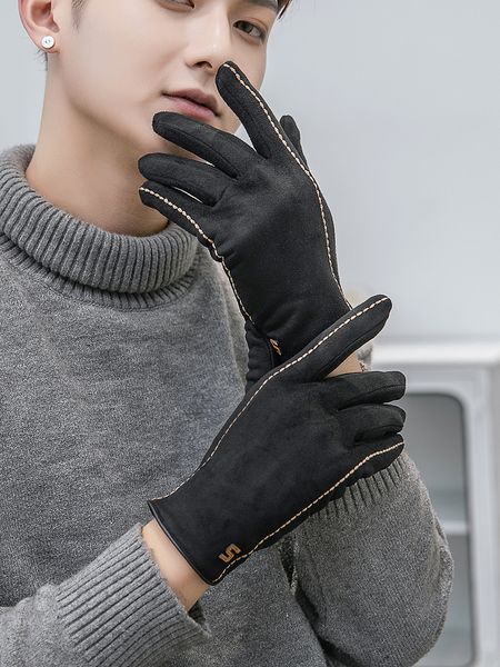 

gloves men' women' suede cycling in spring cold proof thin plush warm driving autumn and winter deerskin, Blue;gray