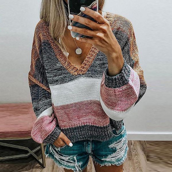 

2020 new fashion women autumn v-neck long sleeve color block patchwork knitted sweater pullover office casual sweater, White;black
