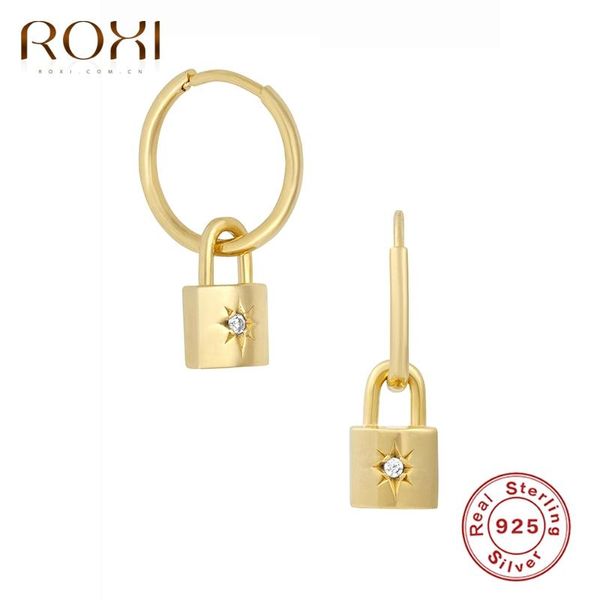 

hoop & huggie roxi drop glossy lock crystals stars earrings for women 925 sterling silver jewelry wedding earring cartilage pendientes, Golden;silver