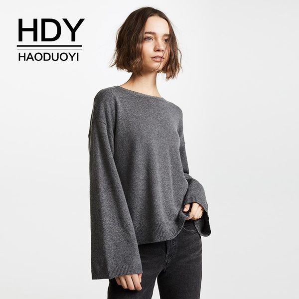 

hdy haoduoyi women solid long sleeve o-neck casual split back buckle soft warm pullover sweater1, White;black