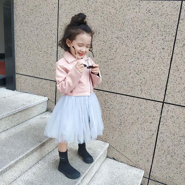 

kids leather jackets girls 2020 autumn pink leather jackets patchwork lace kids girls coats and motorcycle with lace, Blue;gray