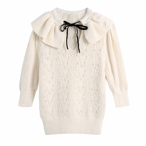

2021 new sweet women faux pearl solid sweaters 2021 fashion ladies ruffles v-neck knitted elegant female bow soft pullovers 0tor, White;black