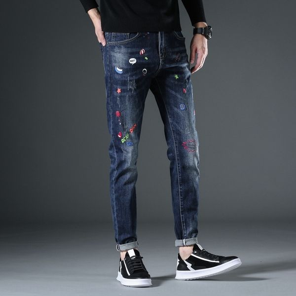 

rqvxm fashionable slim-fit teenagers blue korean men's printed fashion trend unique men's pants autumn and winter jeans and jeans