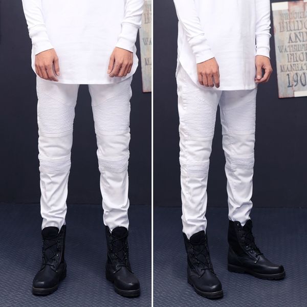 

biker men's white pleated slim fit stretch leg jeans, Blue