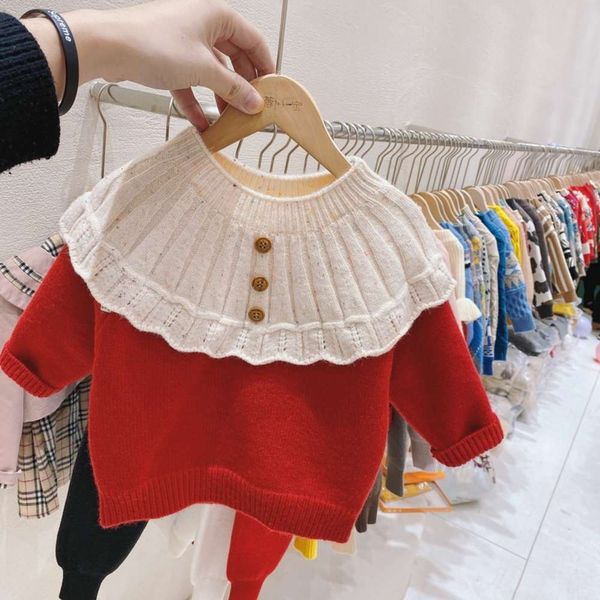 

winter strawberry xiaobao clothing 2020 new children's girl cute big collar lace plush sweater, Blue