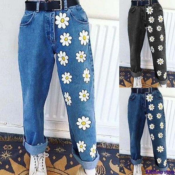

plus size denim jeans for women high waist fashion printing slim straight jean pants full length trousers1, Blue