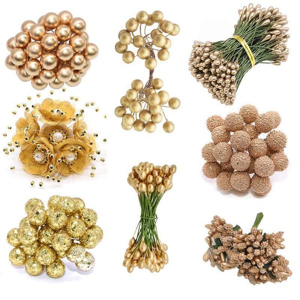 

decorative flowers & wreaths 5/6/10/20/24/30/40/50pcs gold artificial cherry stamen berries bouquet for diy wedding gift cake box decoration
