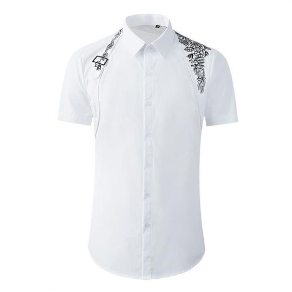 

classic white mens shirts luxury short sleeve high density embroidery mens dress shirts metal button slim fit casual male, White;black