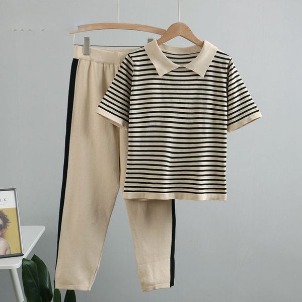 

women knitted tracksuits 2 pieces sets spring summer short sleeve women t shirt + high waist capris pencil pants suits, Gray