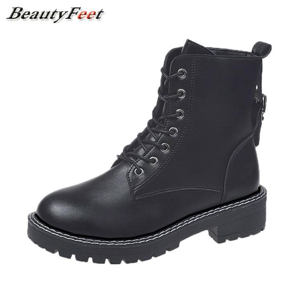 

solid leather ankle boots for women shoes woman 2020 new autumn square heels platform shoes lace up zip winter boots plus size, Black
