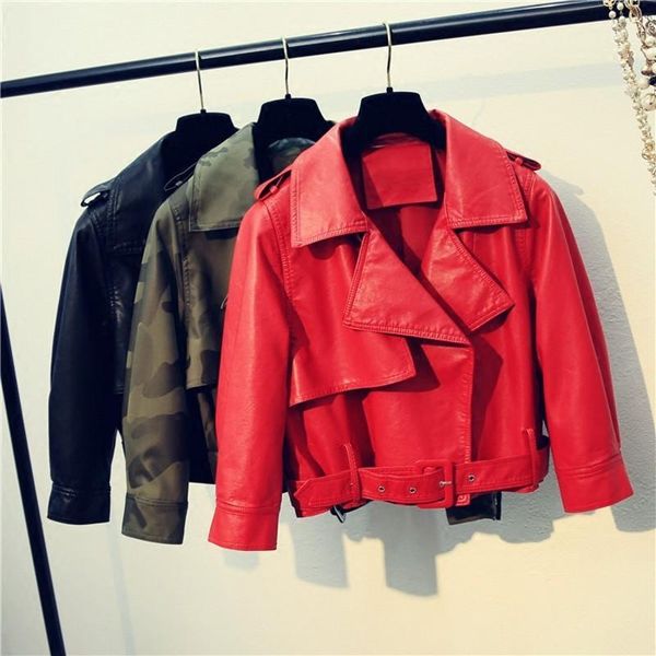 

leather jacket women sheepskin coat autumn 2018 vintage red black jacket women plus size female genuine leather1